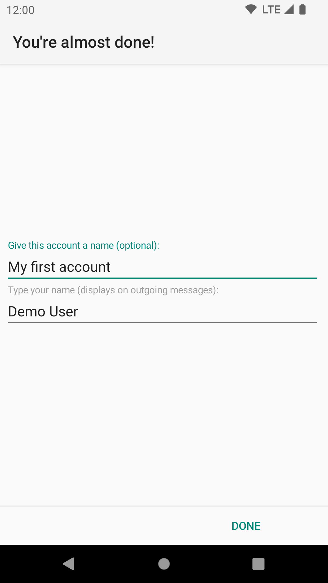Screen to enter account name and your display name