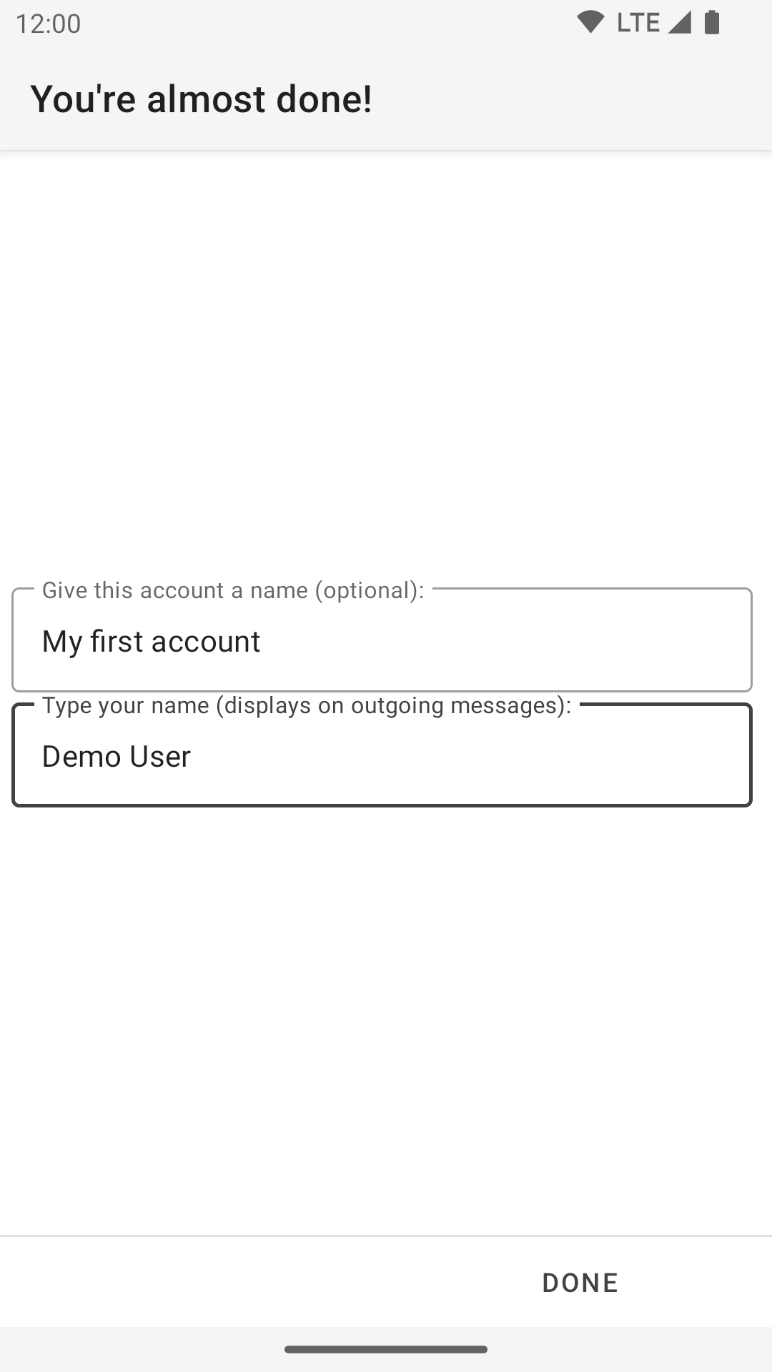 Screen to enter account name and your display name