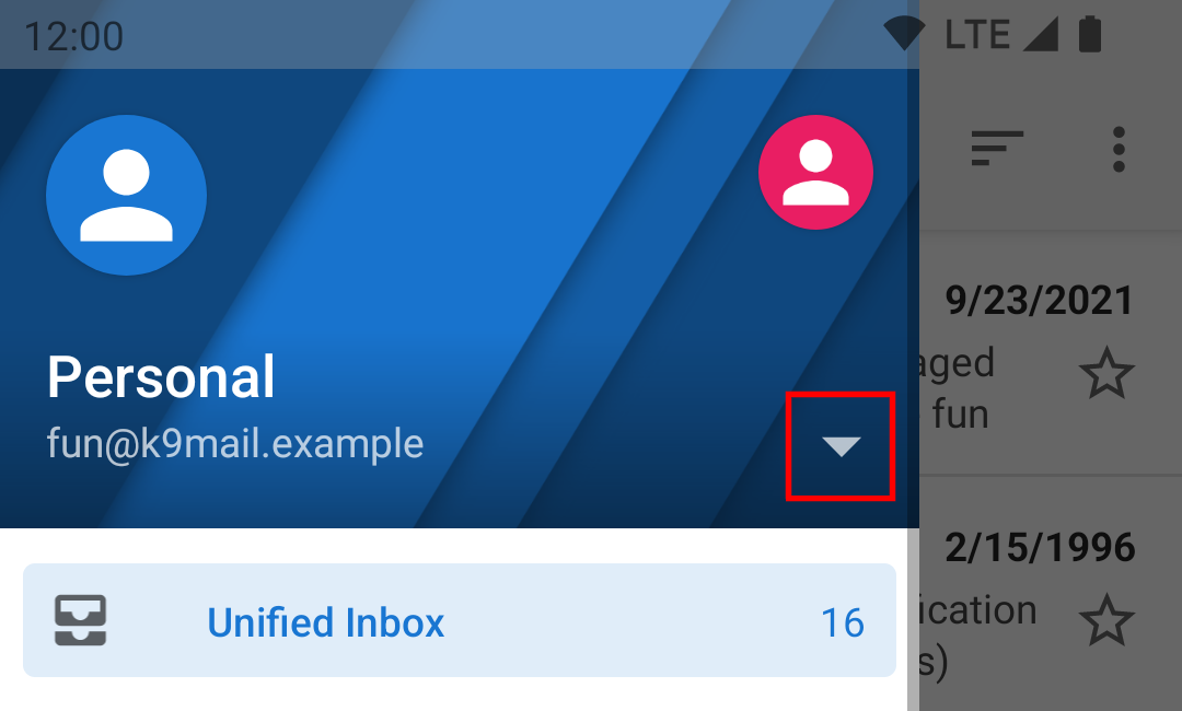 icon in the drawer that will expand the account list