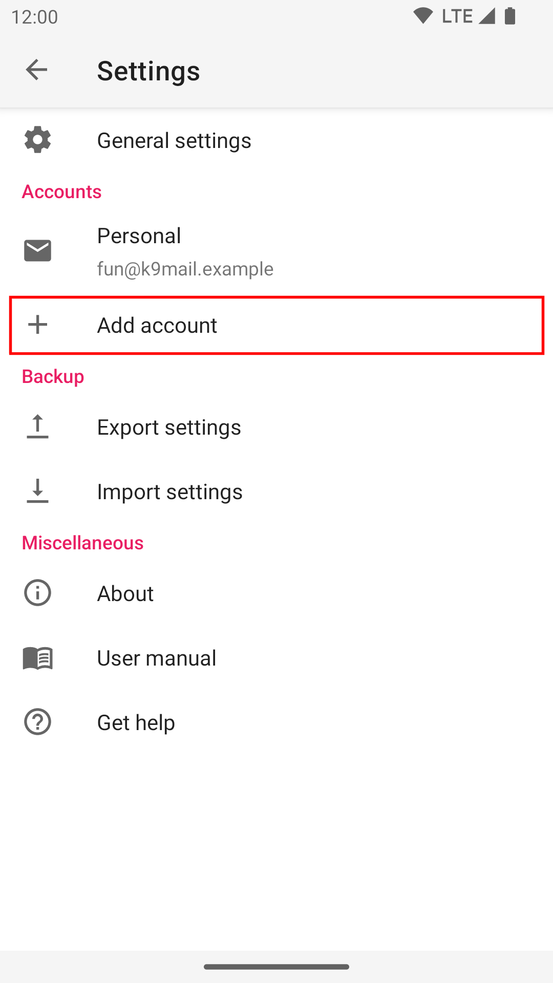 "add account" entry in settings screen