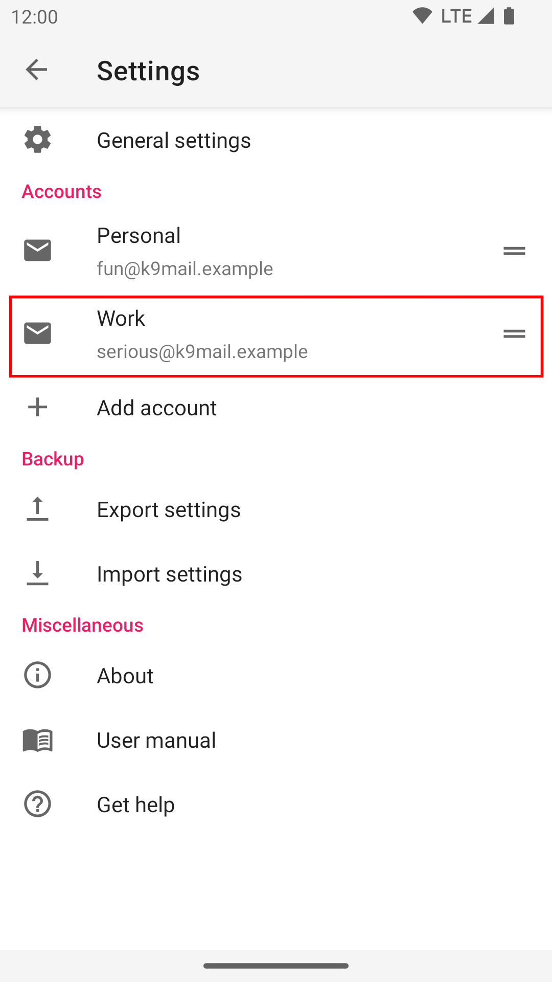 account entry in settings screen